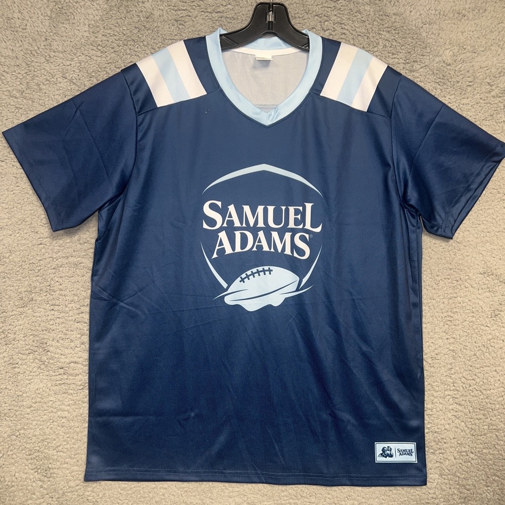 Official Samuel Adams Jersey Men's Sz L Blue #84 V Neck Boston Beer Football Tee - Picture 2 of 10